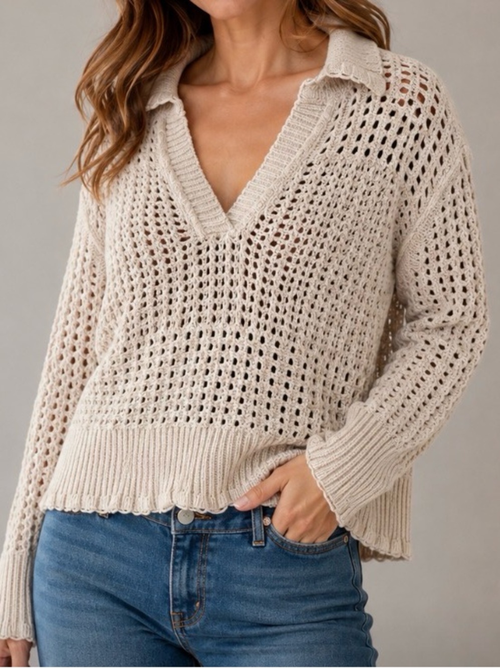 Joie Women’s Boho 70s Cream V-Neck Knit Sweater Size Large